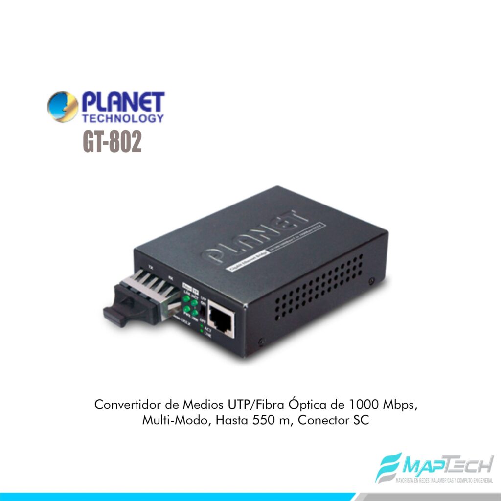 Convertidor de Medios UTP/Fibra Óptica de 1000 Mbps Conector SC GT-802